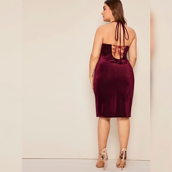 SHEIN 2019 Plus Ribbed Halter Tie Back Lace Up Velvet Bodycon Dress - Picture 3 of 6